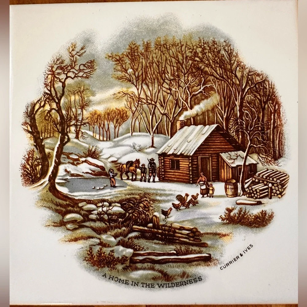 Currier & Ives American Homestead Wilderness Winter Set of 3 Wall Tiles
